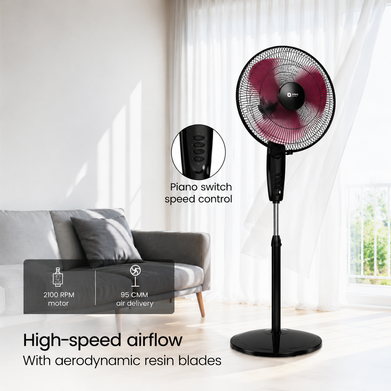 orient stand 37 neo high speed pedestal fan (400 mm) – crimson black