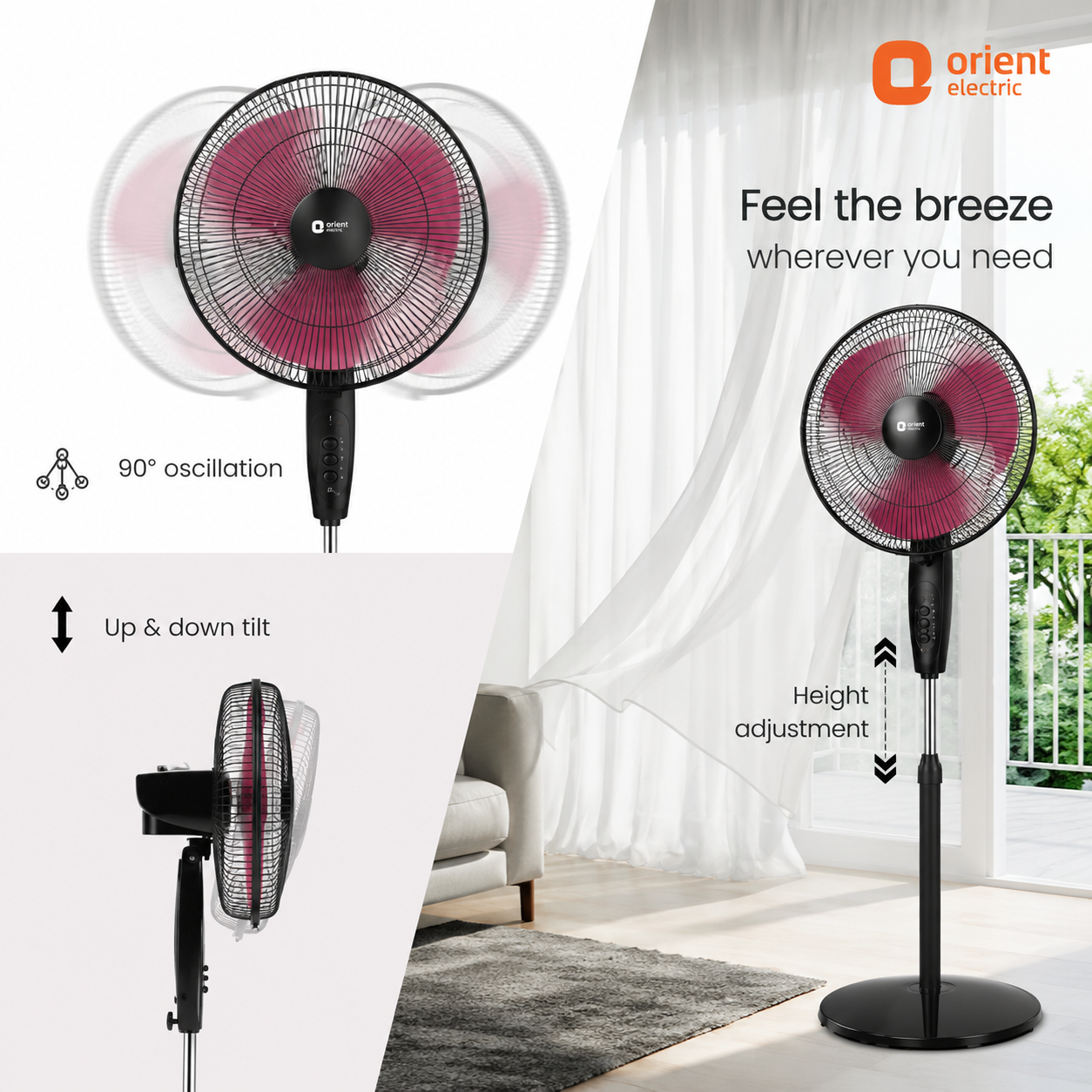 orient stand 37 neo high speed pedestal fan (400 mm) – crimson black