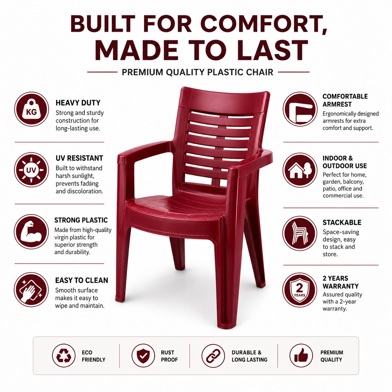 irest royal slat back plastic arm chair – maroon